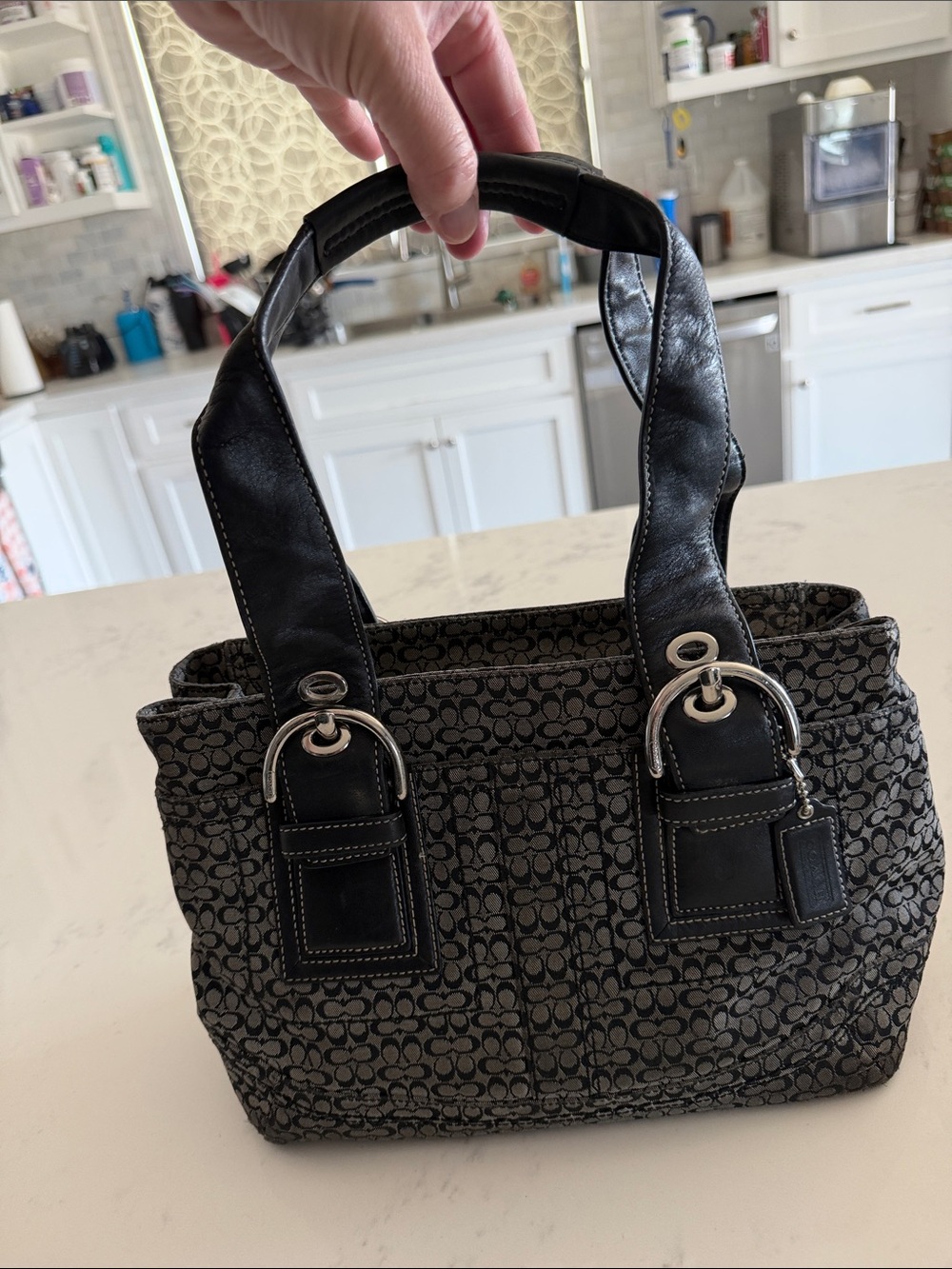 Coach Black & Gray Signature Tote with Leather Handles